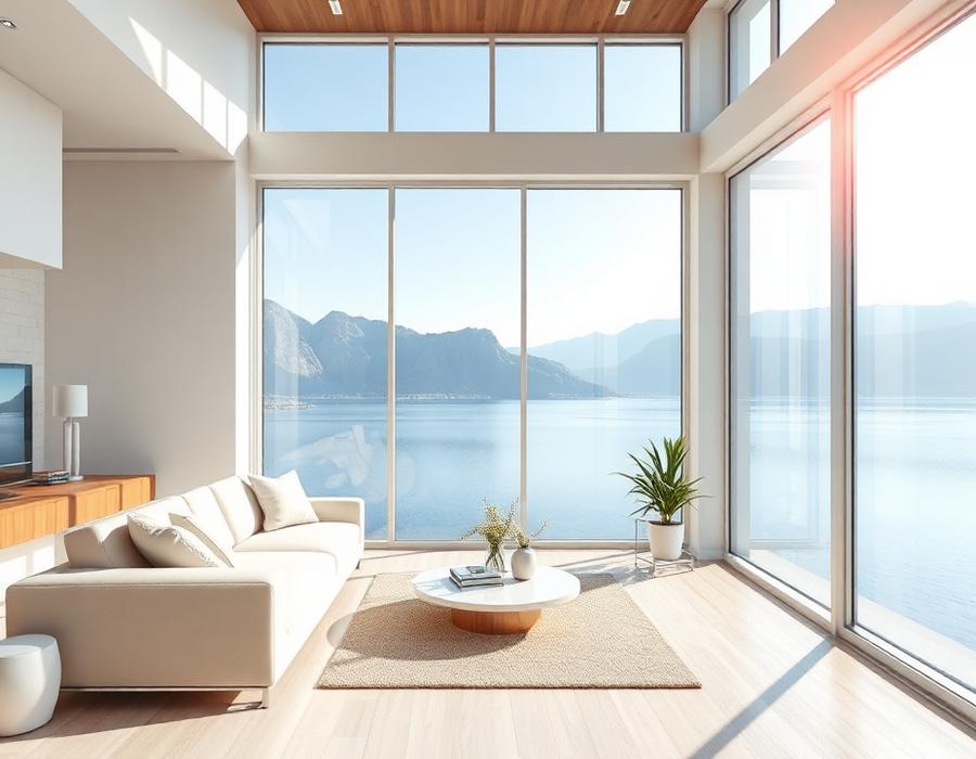 Baie vitrée exposée au soleil dans un intérieur moderne